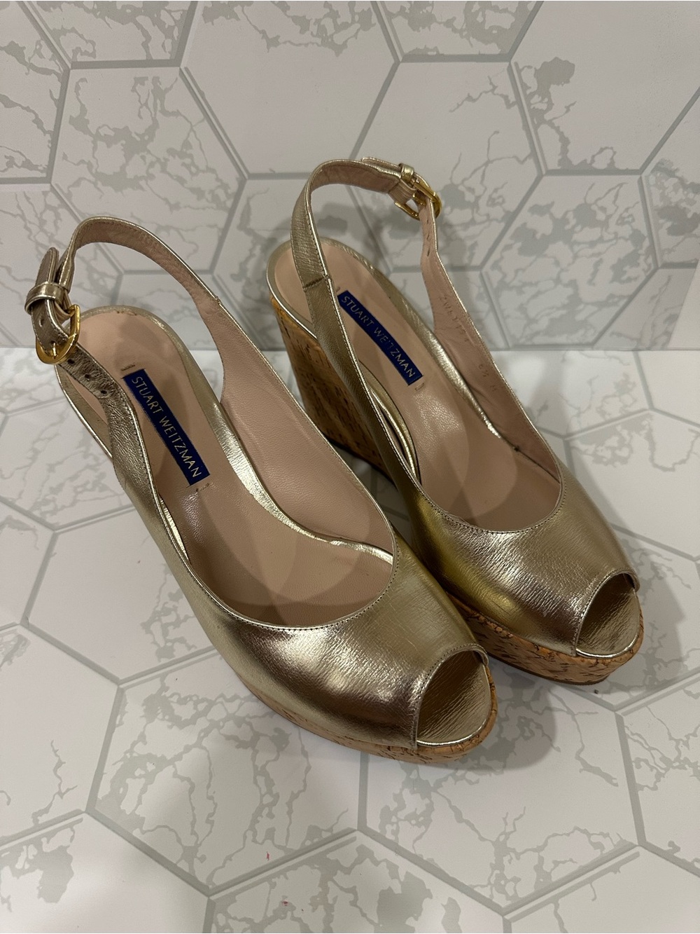Stuart Weitzman Metallic Gold Peep-Toe Cork Wedge Sandals